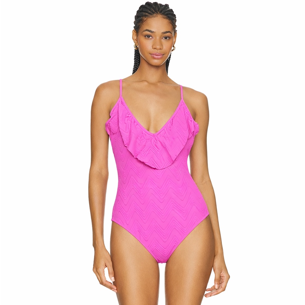 Shoshanna Hot Pink Textured One Piece Swimsuit Ruffled Neckline